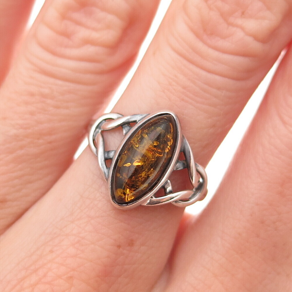 925 Sterling Silver Vintage Real Amber Celtic Knot Oxidized Ring Size 7